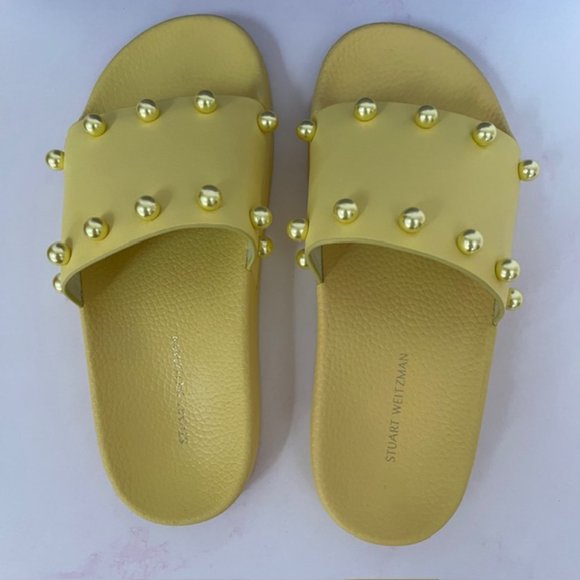 Stuart Weitzman Superstud Beaded Pool Slide Sandals in Lemon Color Size 5B NEW - Picture 6 of 7